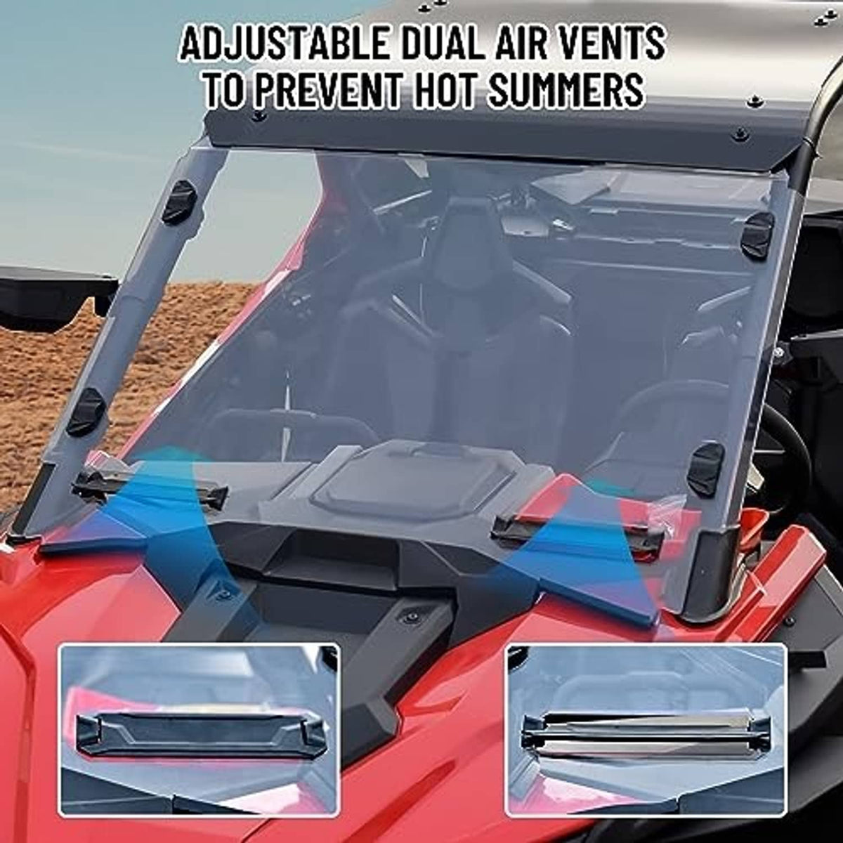 Clear windshield with adjustable air vent openings and black side mounting hardware