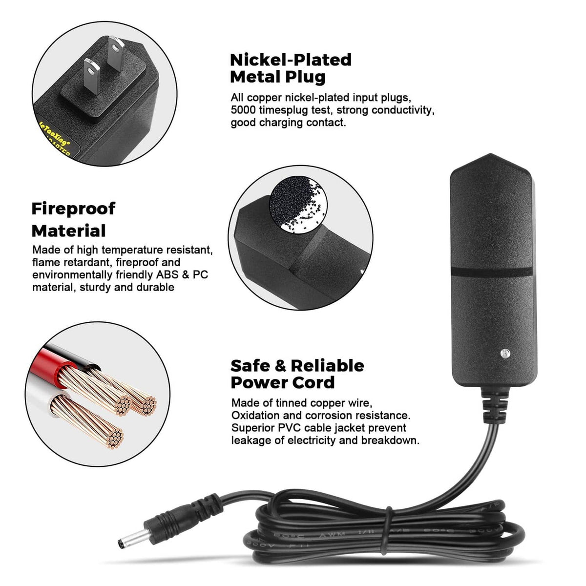 Black power adapter with nickel-plated plug, fireproof material and copper wire details