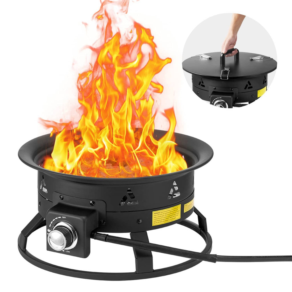 Black propane fire pit with tall flames, front burner control, and hose line
