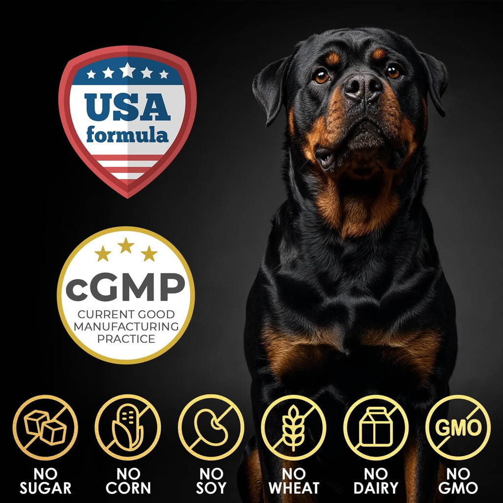 Dog chews label with Rottweiler and USA formula, CGMP quality badges