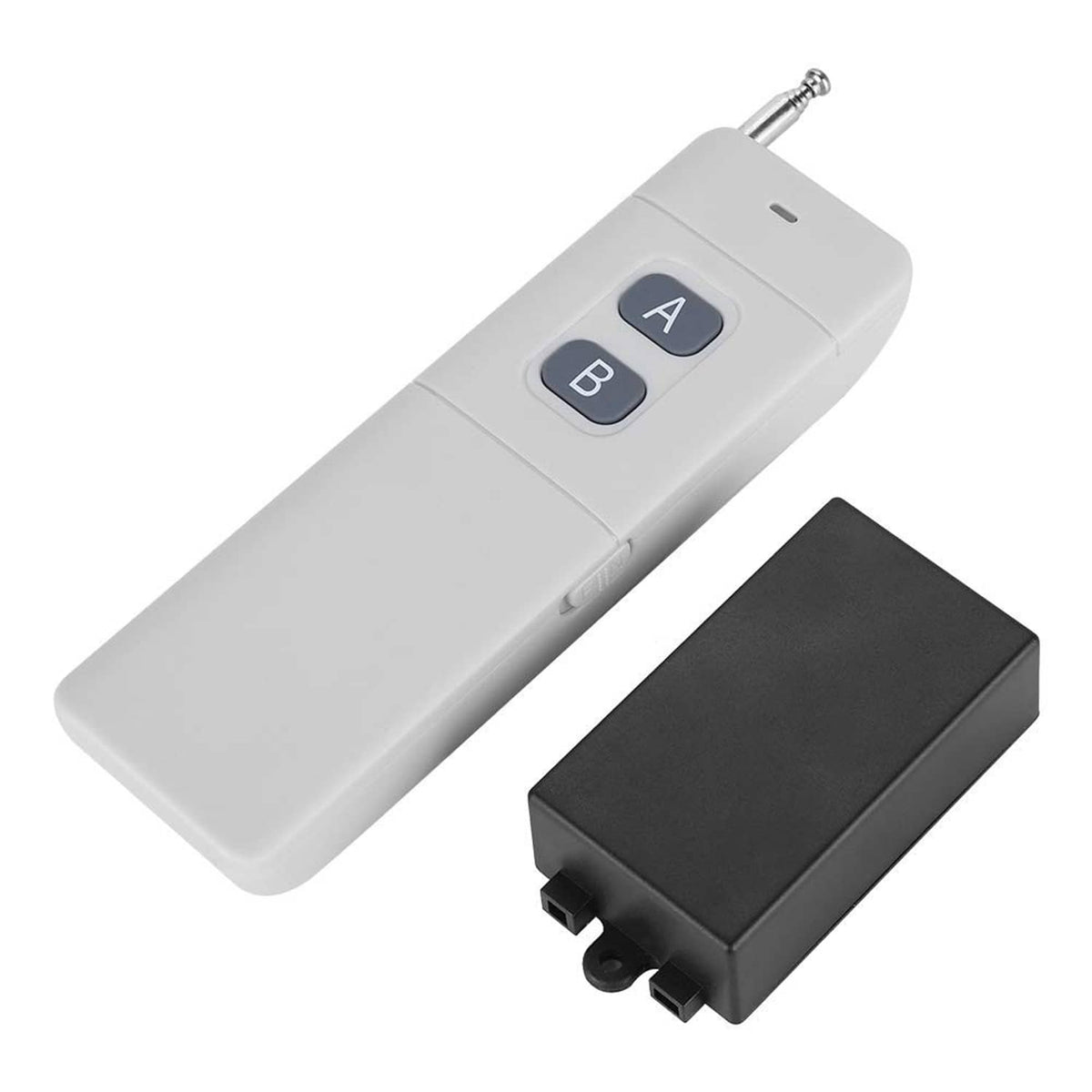 White 2-channel RF remote transmitter with A/B buttons and black receiver module