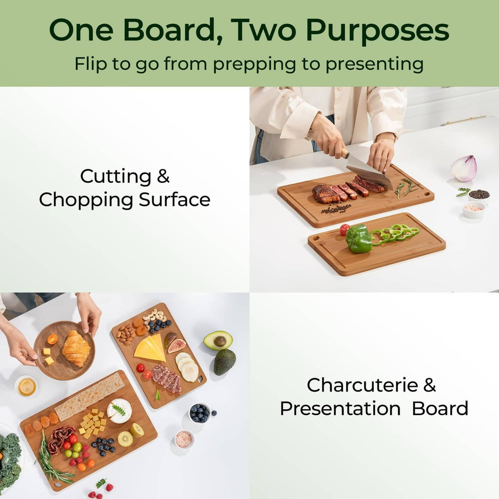 Wooden bamboo cutting boards, one showing sliced food on the surface
