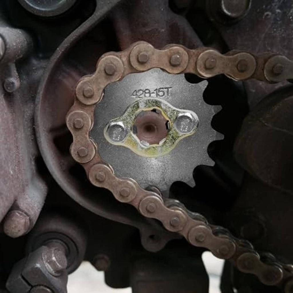 428-15T sprocket wheel installed on front engine with drive chain around it