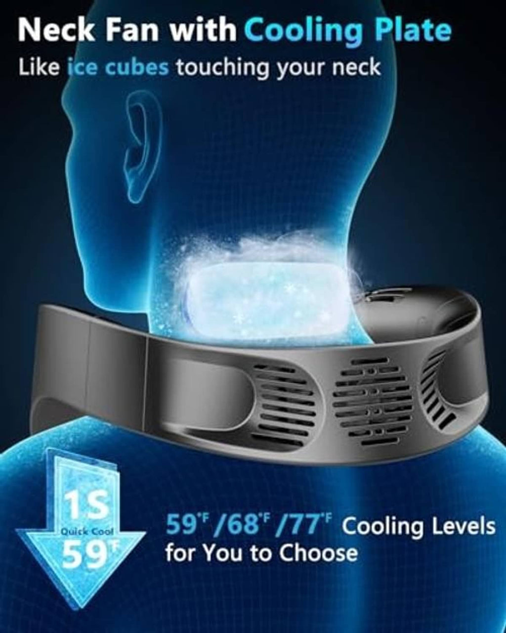 Black neck fan with cooling plate showing a blue contact area on the neck