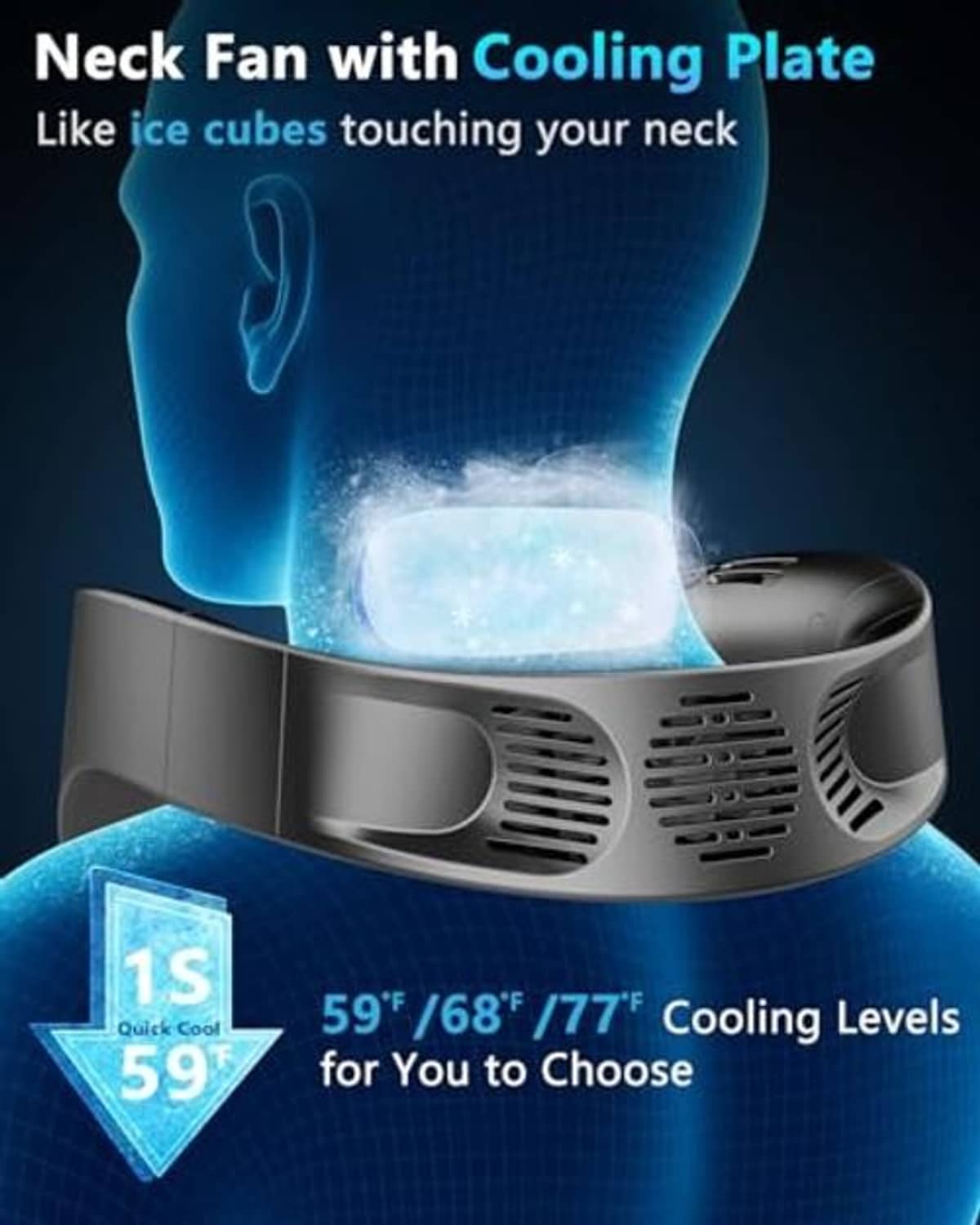 Black neck fan with cooling plate showing a blue contact area on the neck