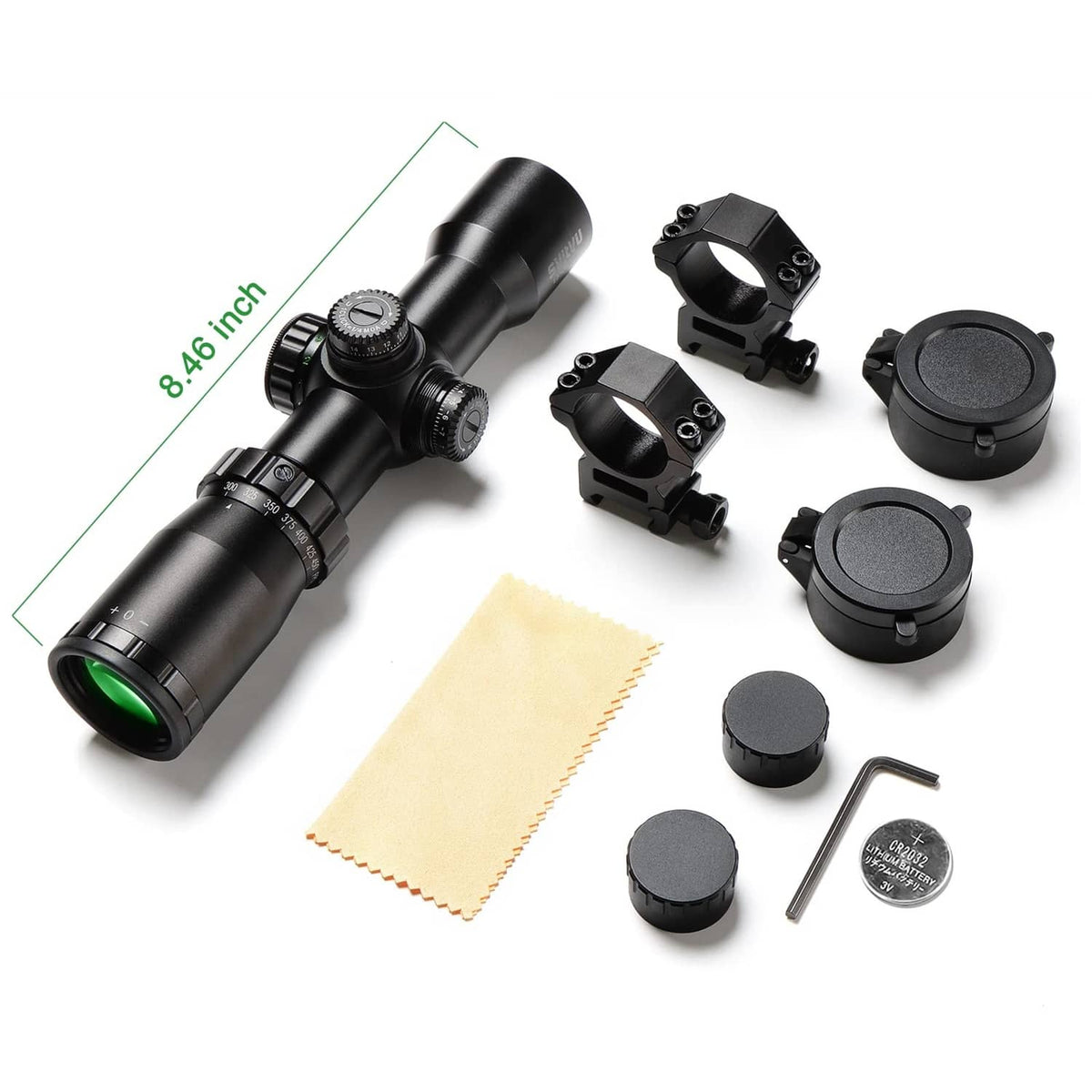 Crossbow scope kit in black with mounting rings, lens cloth, and adjustment tool