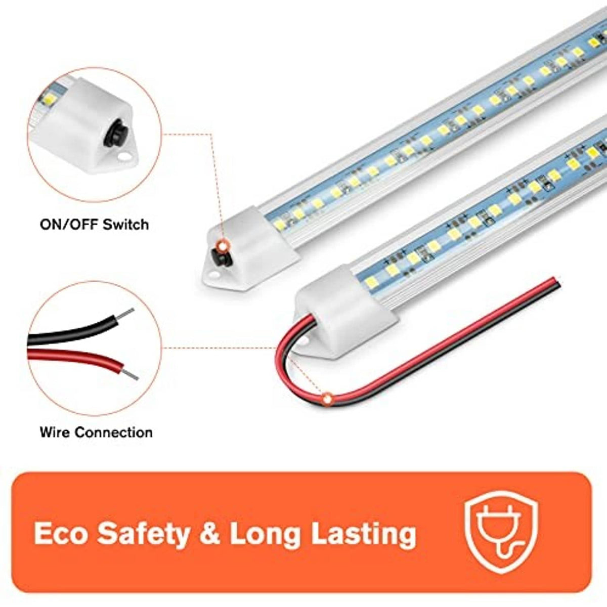 Slim LED light bar with on/off switch and red/black wire connection detail