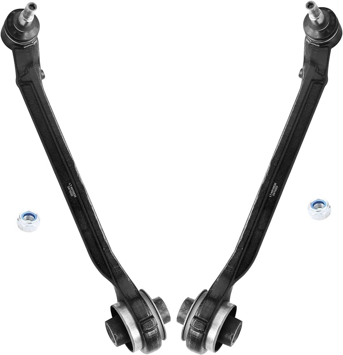 V-shaped front control arm pair with ball-joint ends and mounting brackets