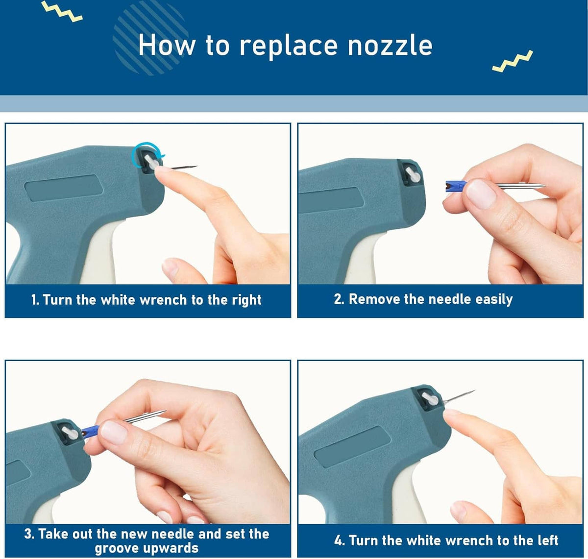 Tagging gun with replacement needle removal shown using a wrench tool