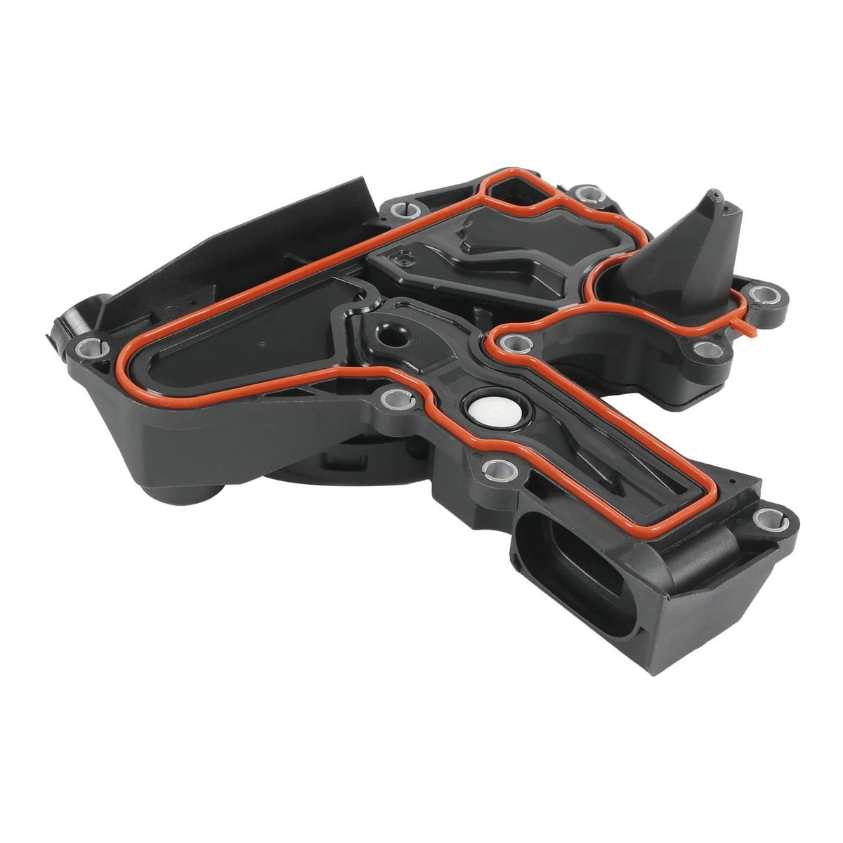 PCV oil separator valve assembly with orange gasket trim, alternate angle view