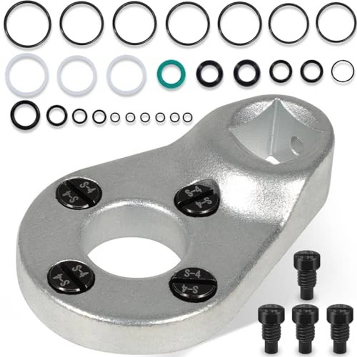 Outboard trim tilt pin wrench with assorted O-rings and black screw pins