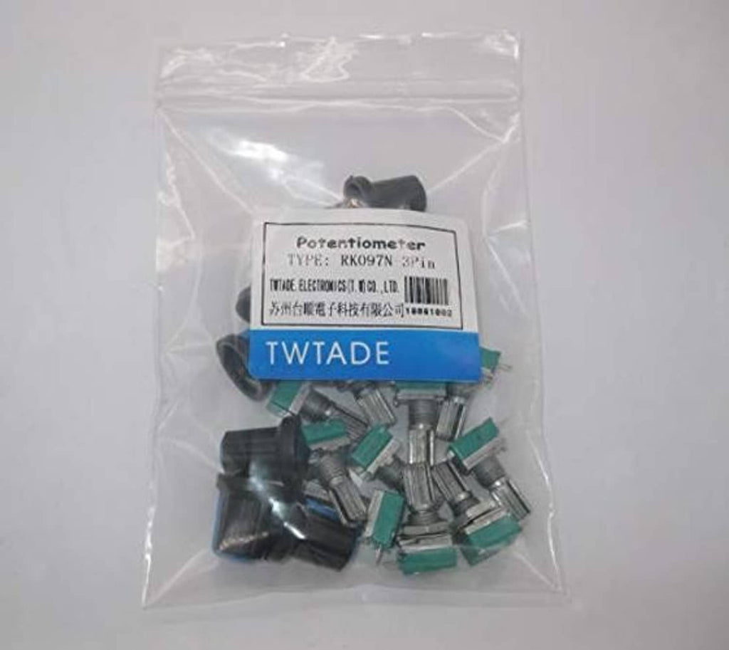 Clear plastic bag of mixed rotary potentiometer parts with blue caps and green boards
