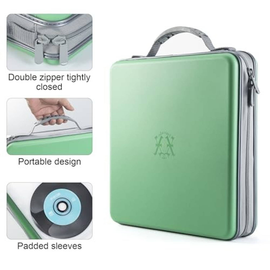 Green hard-plastic CD organizer case with handle and double zipper