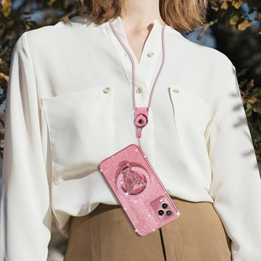 Rose gold glitter phone case worn on a lanyard with butterfly magnetic ring stand