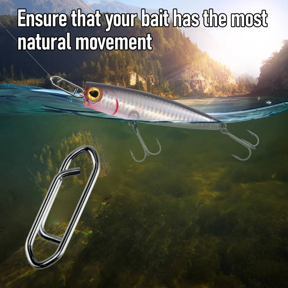 Stainless steel fishing clip attached to a lure with strong holding loop