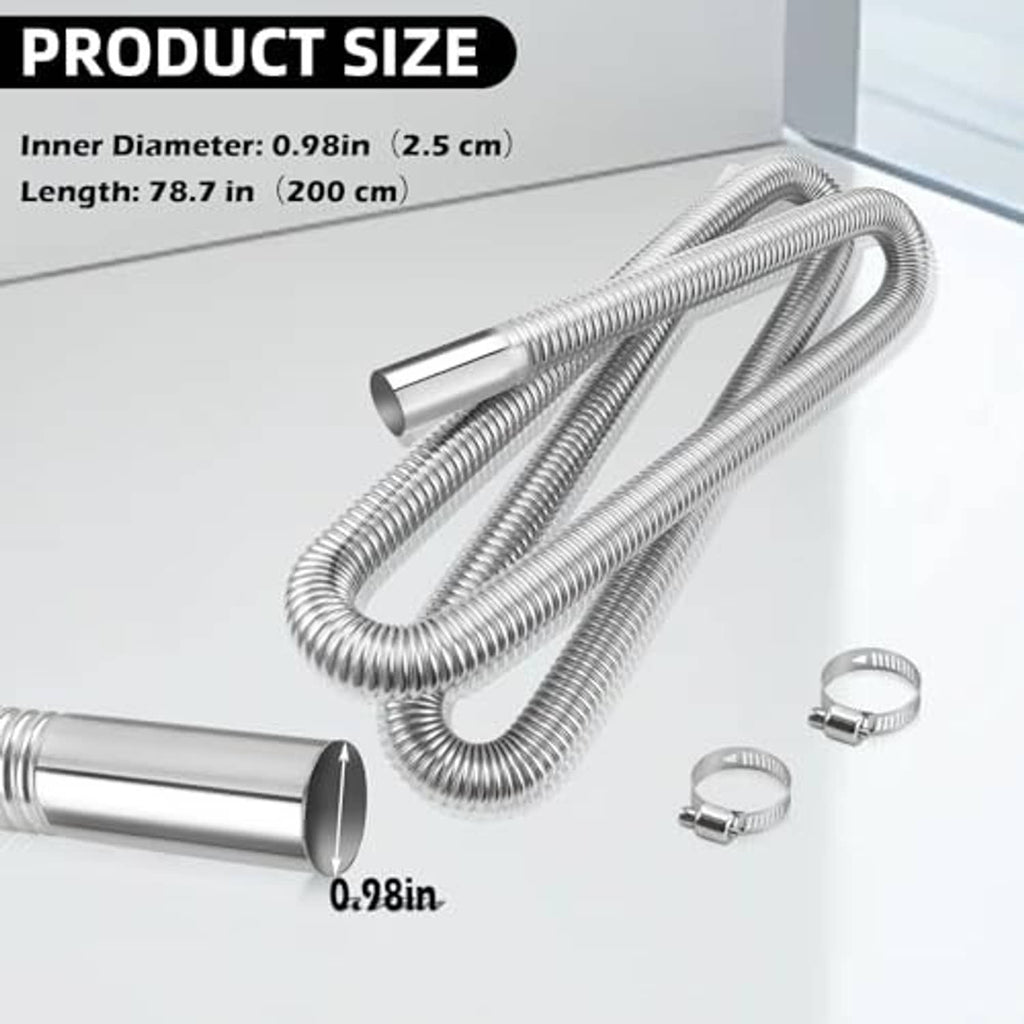 Flexible stainless steel exhaust hose with silver ribbed coil and connector end