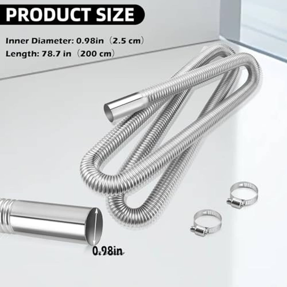 Flexible stainless steel exhaust hose with silver ribbed coil and connector end