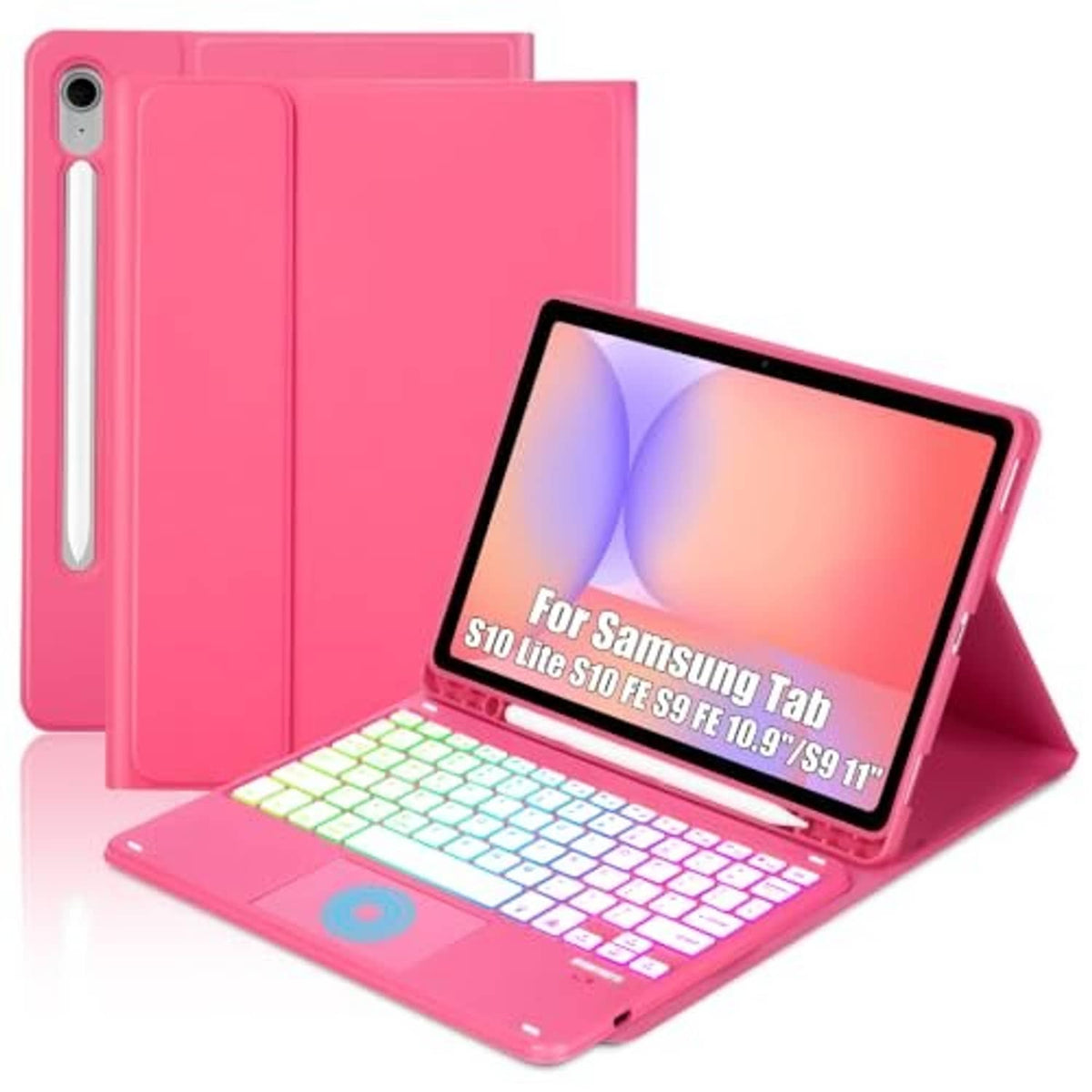 Pink keyboard case with tablet stand and full-size keyboard with touchpad