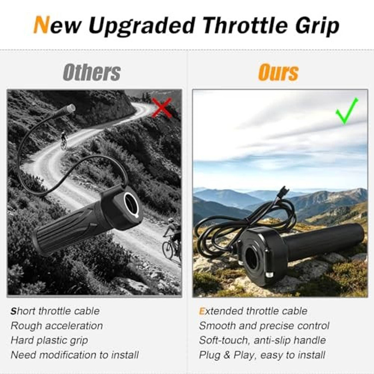 Full-twist throttle grip kit with smooth, extended cable and anti-slip handlebar grip