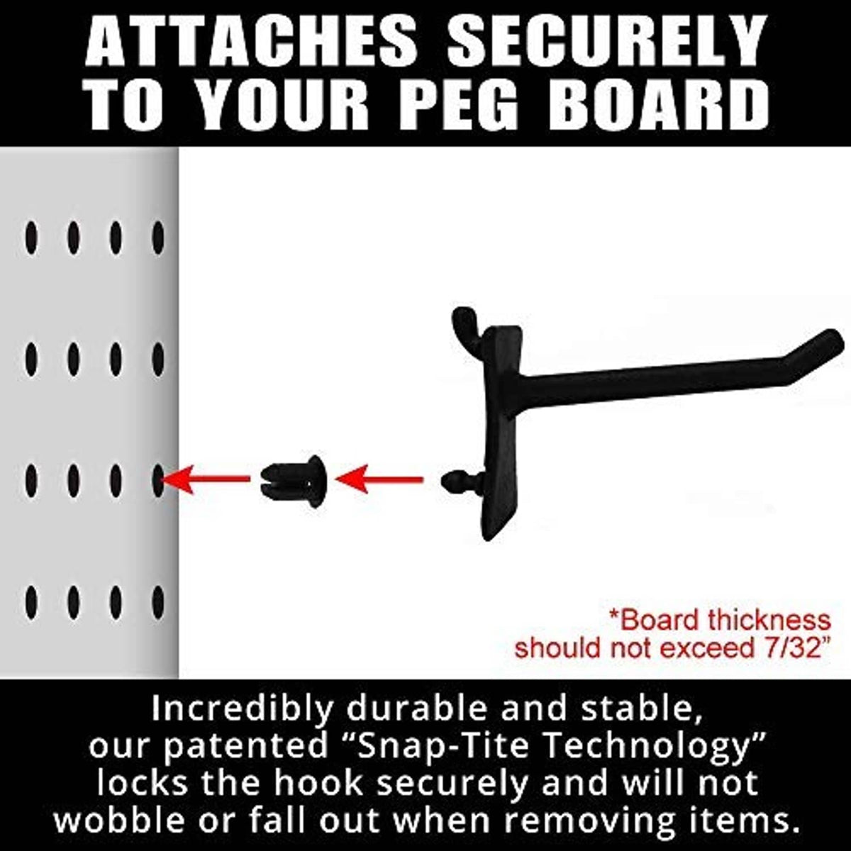 Black pegboard hook with snap-lock mounting pins for secure attachment