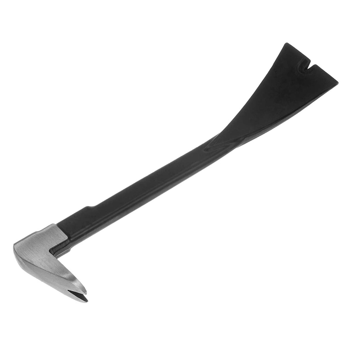 Claw pry bar with nail slot end and black handle, silver metal head