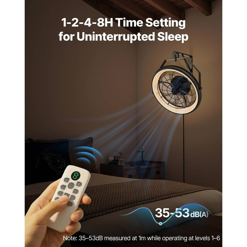 Wall-mount fan with light, glowing rim with handheld remote controller