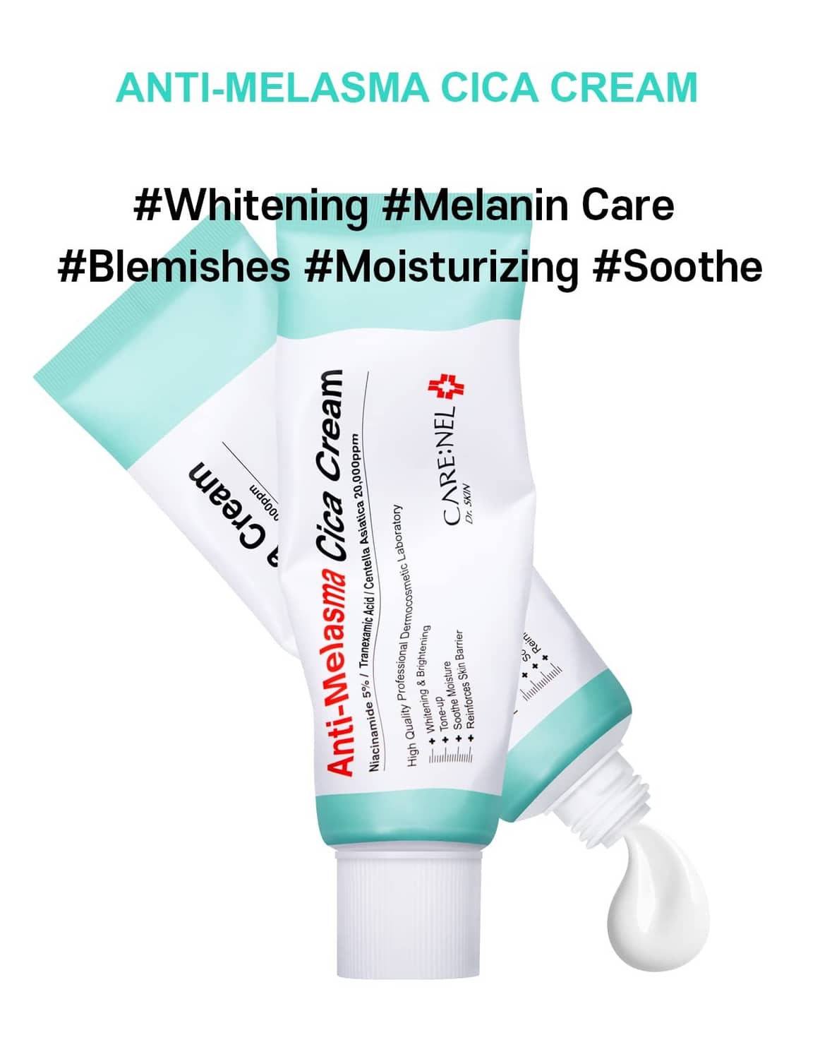 Anti-melasma cica cream tube with teal-and-white design and squeeze drop tip