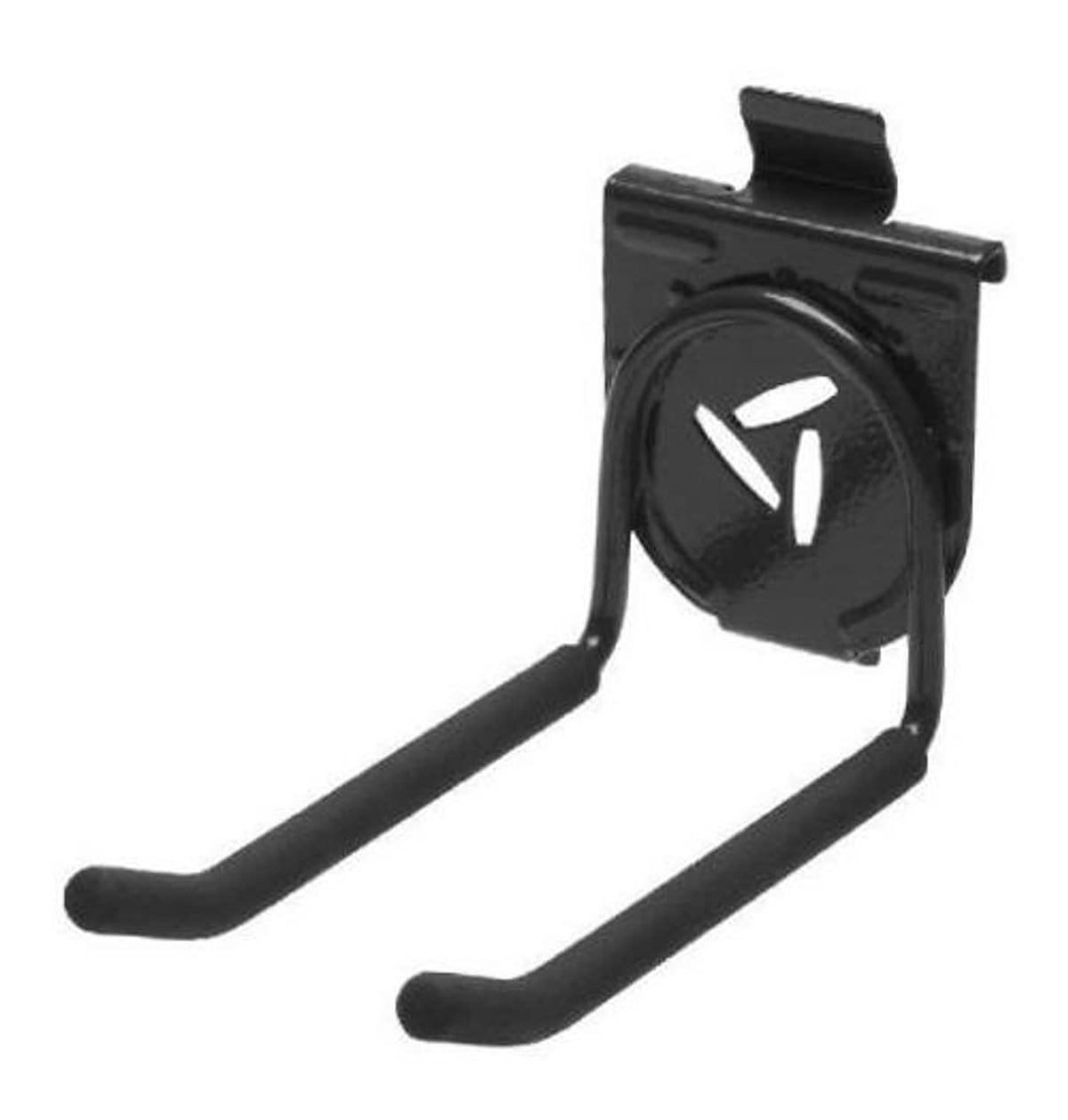 Black twin garage hook with two curved arms and circular wall-mount plate