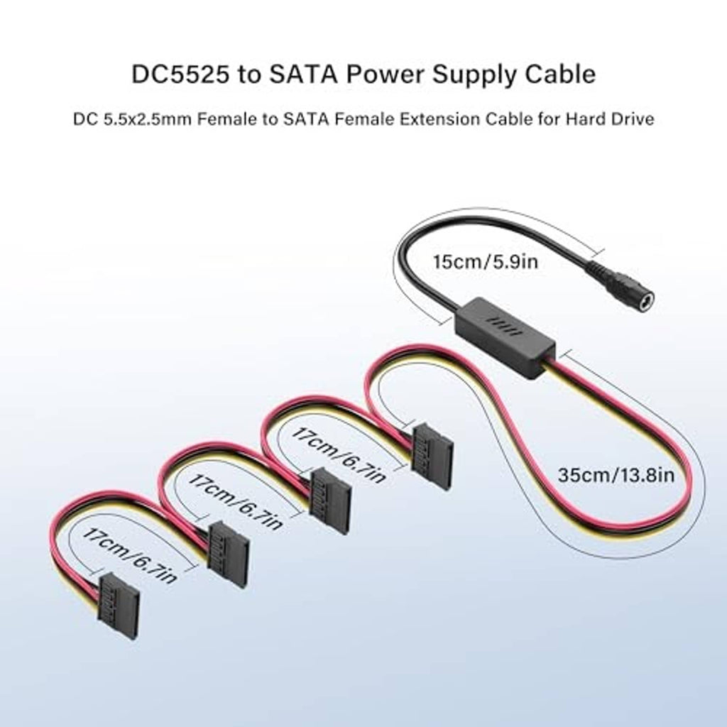 DC to SATA power splitter cable with leads around 15cm, 17cm, and 35cm lengths