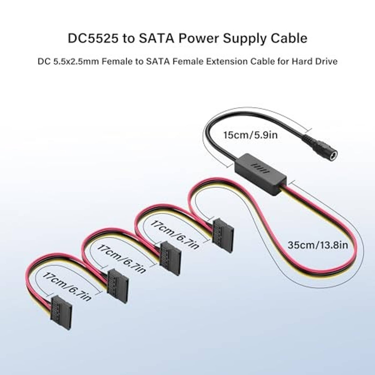 DC to SATA power splitter cable with leads around 15cm, 17cm, and 35cm lengths