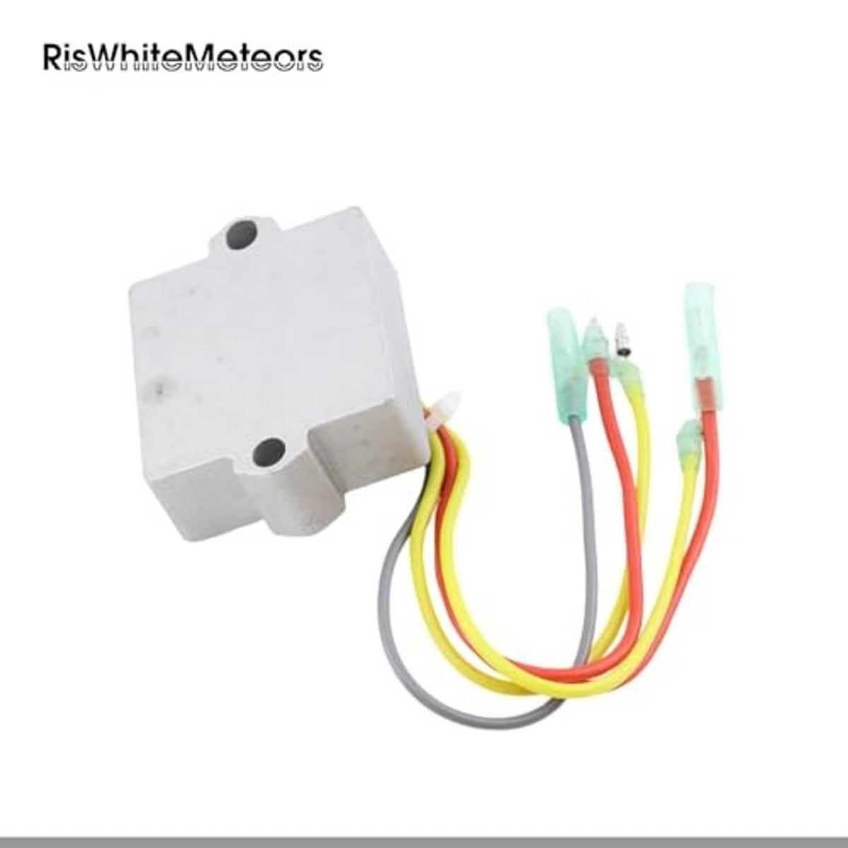 Voltage regulator module with white mounting bracket and four colored wire leads