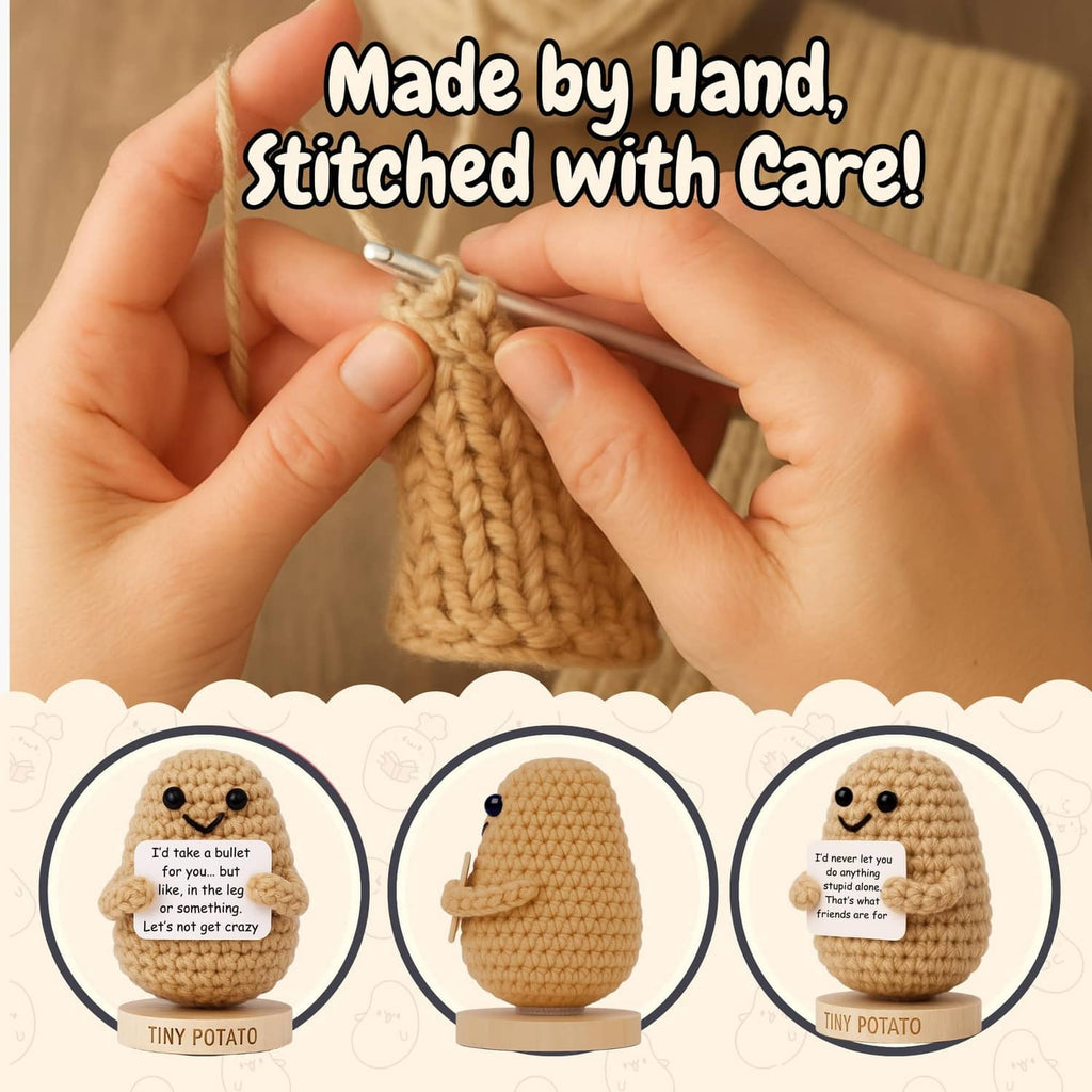 Hand-stitched crochet potato figurine with bead eyes and smile, close-up detail