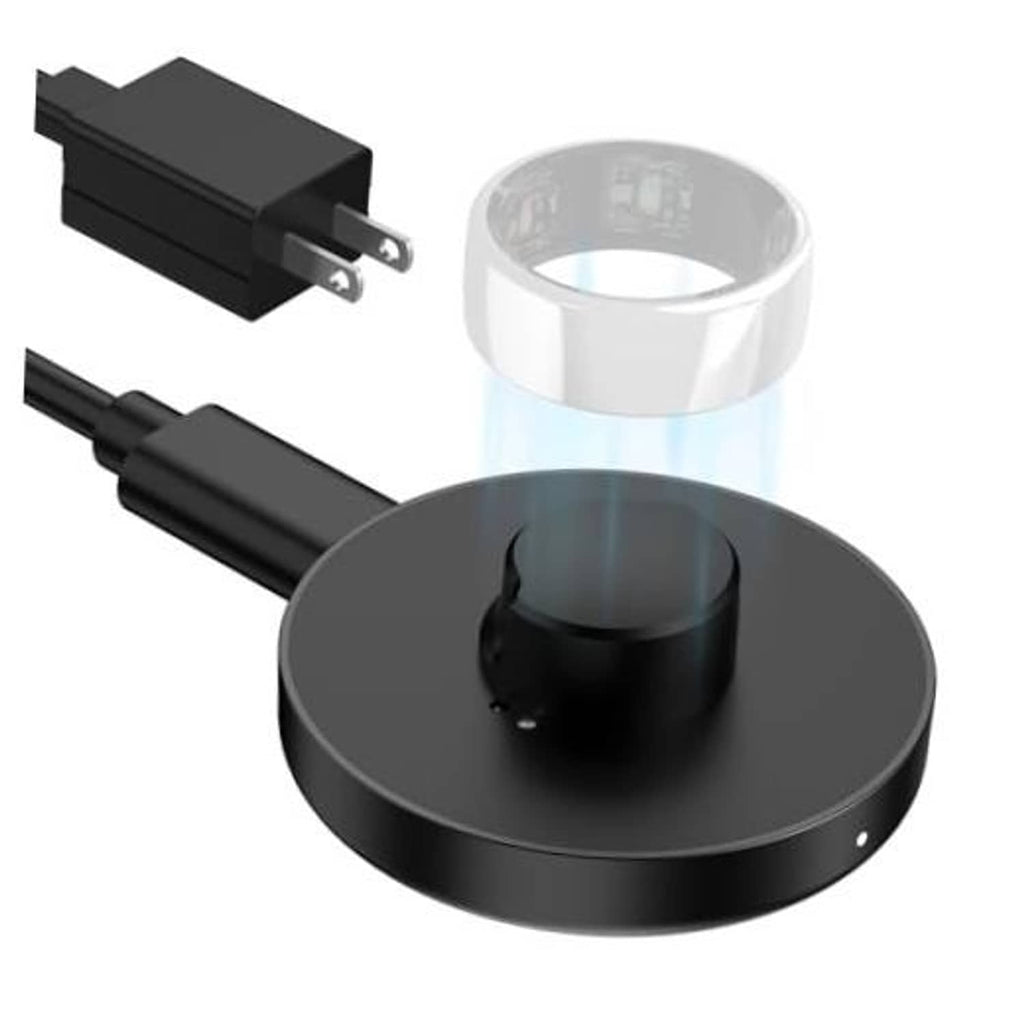 Black Oura Ring Gen 3 charging dock with cable and wall plug