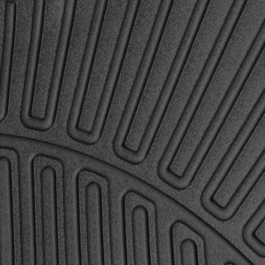 Close-up of black molded mat texture with parallel grooves and raised channel patterns.
