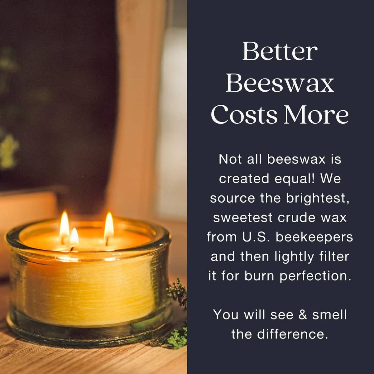 Lavender 3-wick beeswax candle with three flames in green glass jar