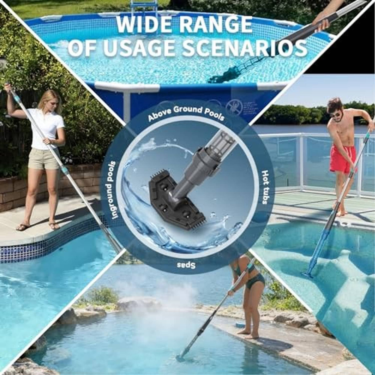 Handheld pool vacuum on telescoping pole with floor nozzle for above-ground pools