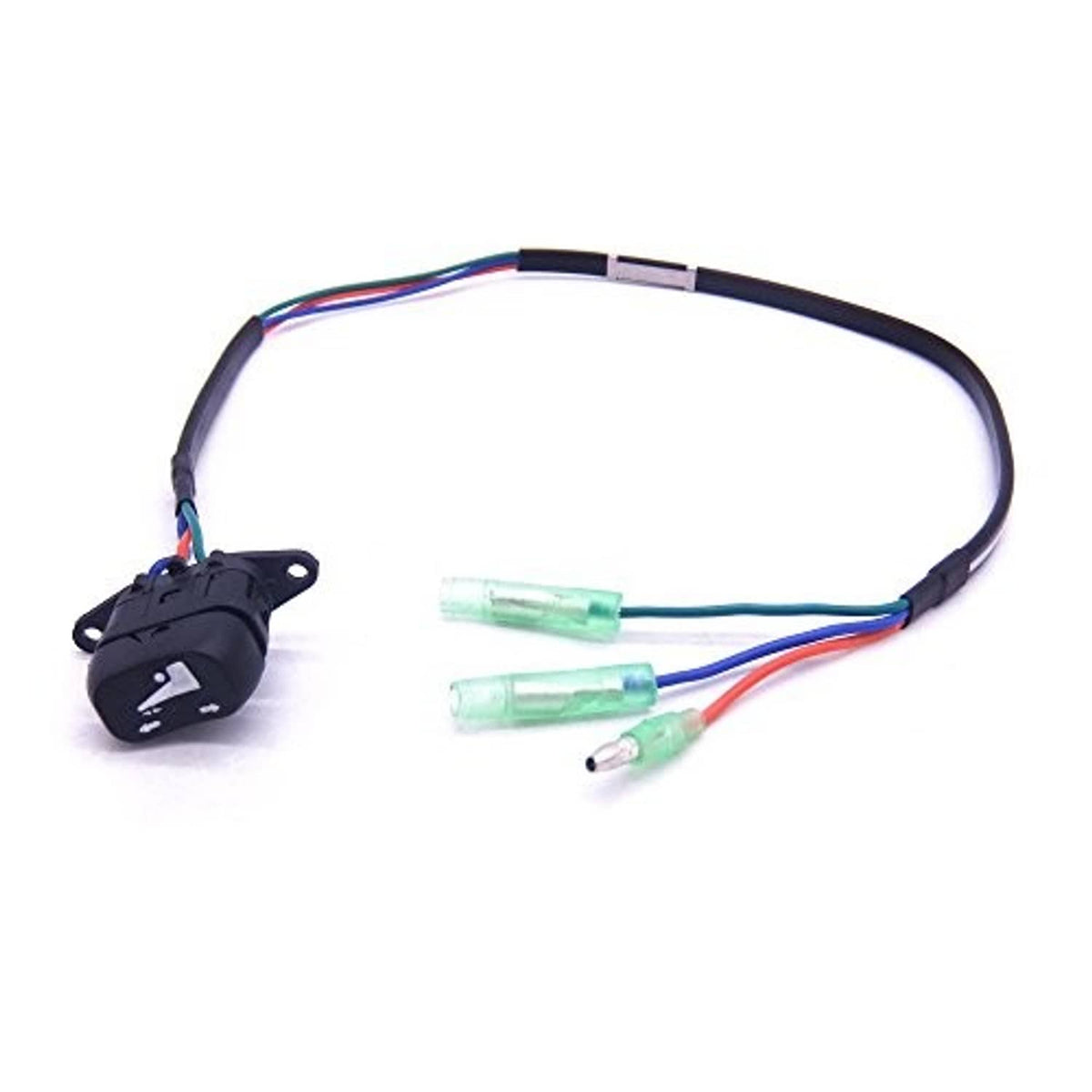 Black wire harness with switch and plug connectors, blue/red wires with green translucent terminals