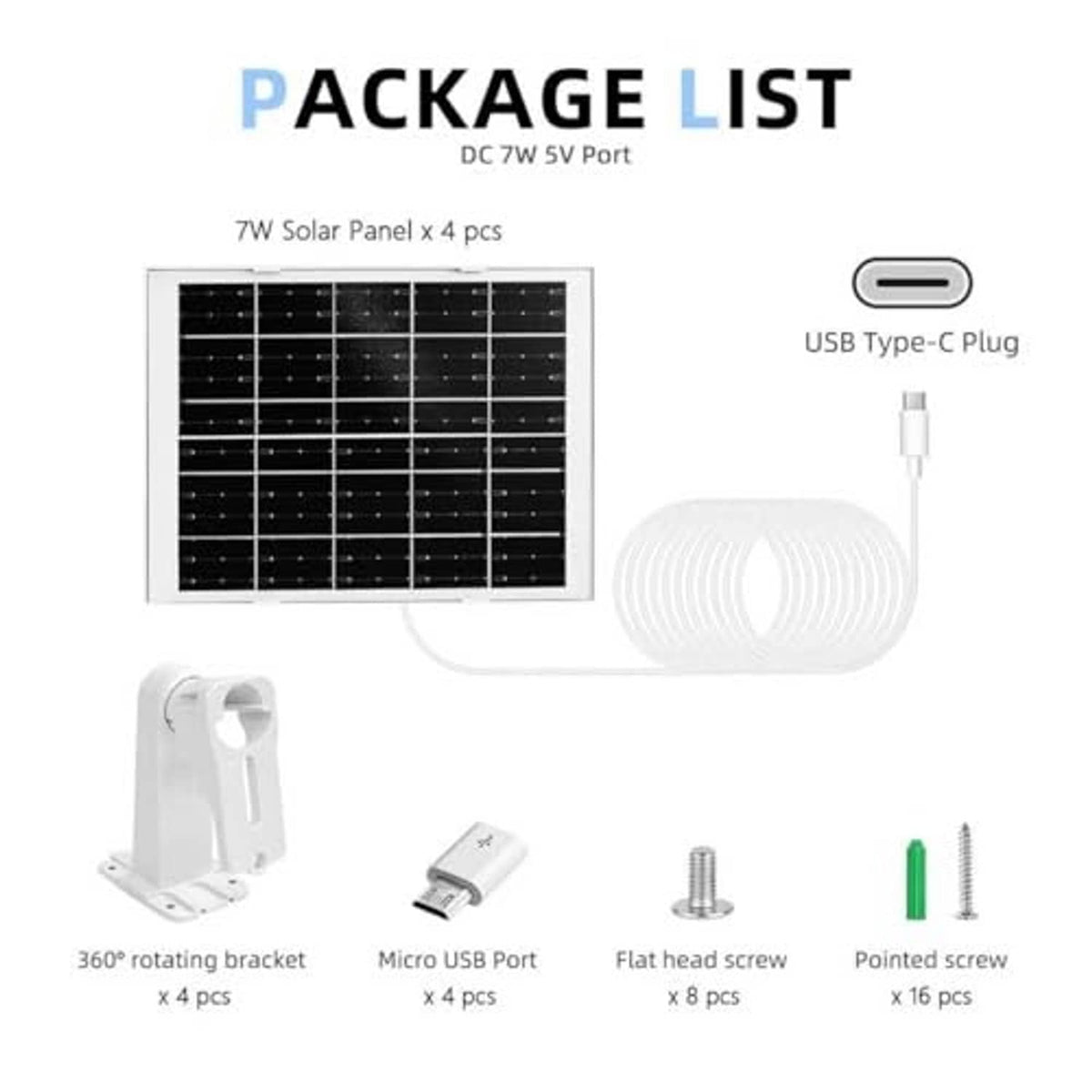 Solar panel kit contents: 7W solar panel, USB Type-C plug, bracket, and screws