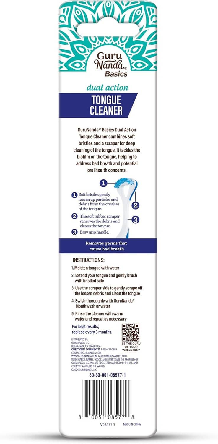 Tongue cleaner product box back panel with usage instructions and icons.