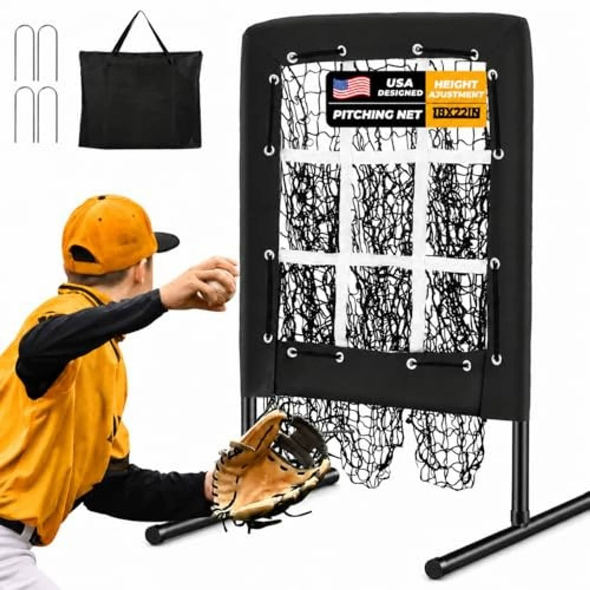 Black pitching net target with 9-hole openings, black frame and ground stakes