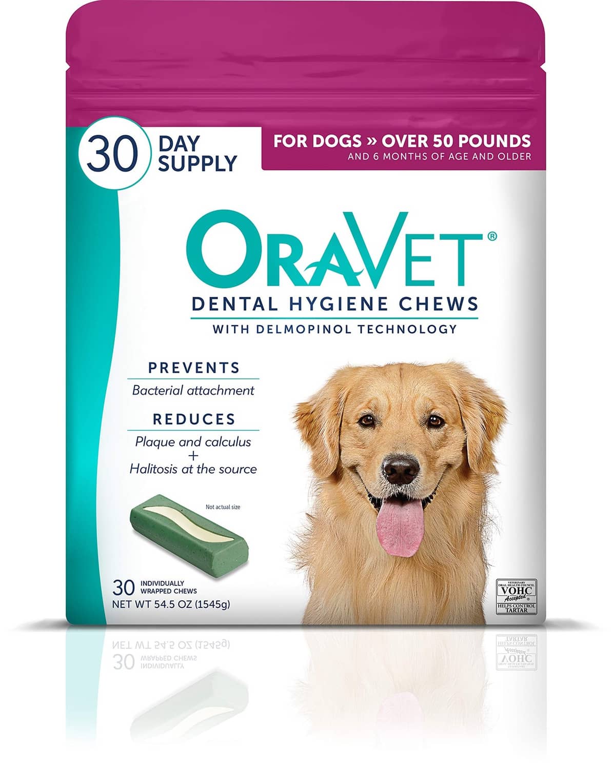 Dog dental hygiene chew bag with teal and magenta top, showing a green chew and golden retriever