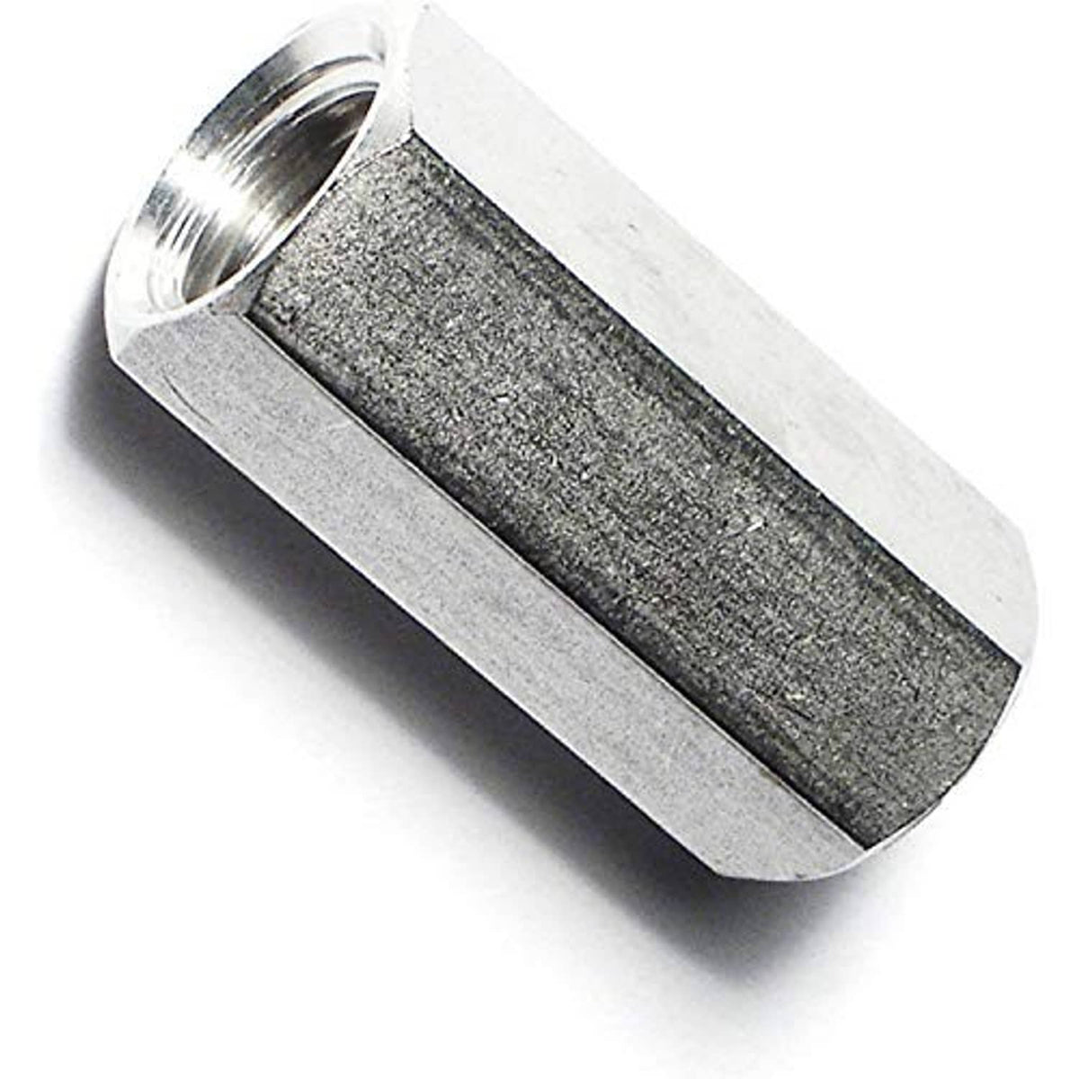 Metal coupling nut hex, visible internal threads, silver-gray 7/16-14