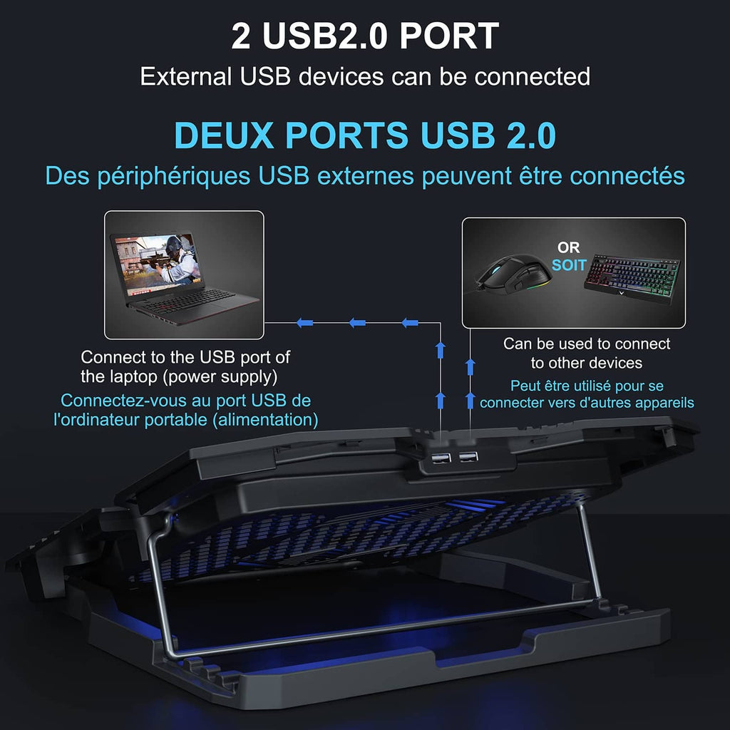 Laptop cooling pad showing USB 2.0 ports and fold-out metal support