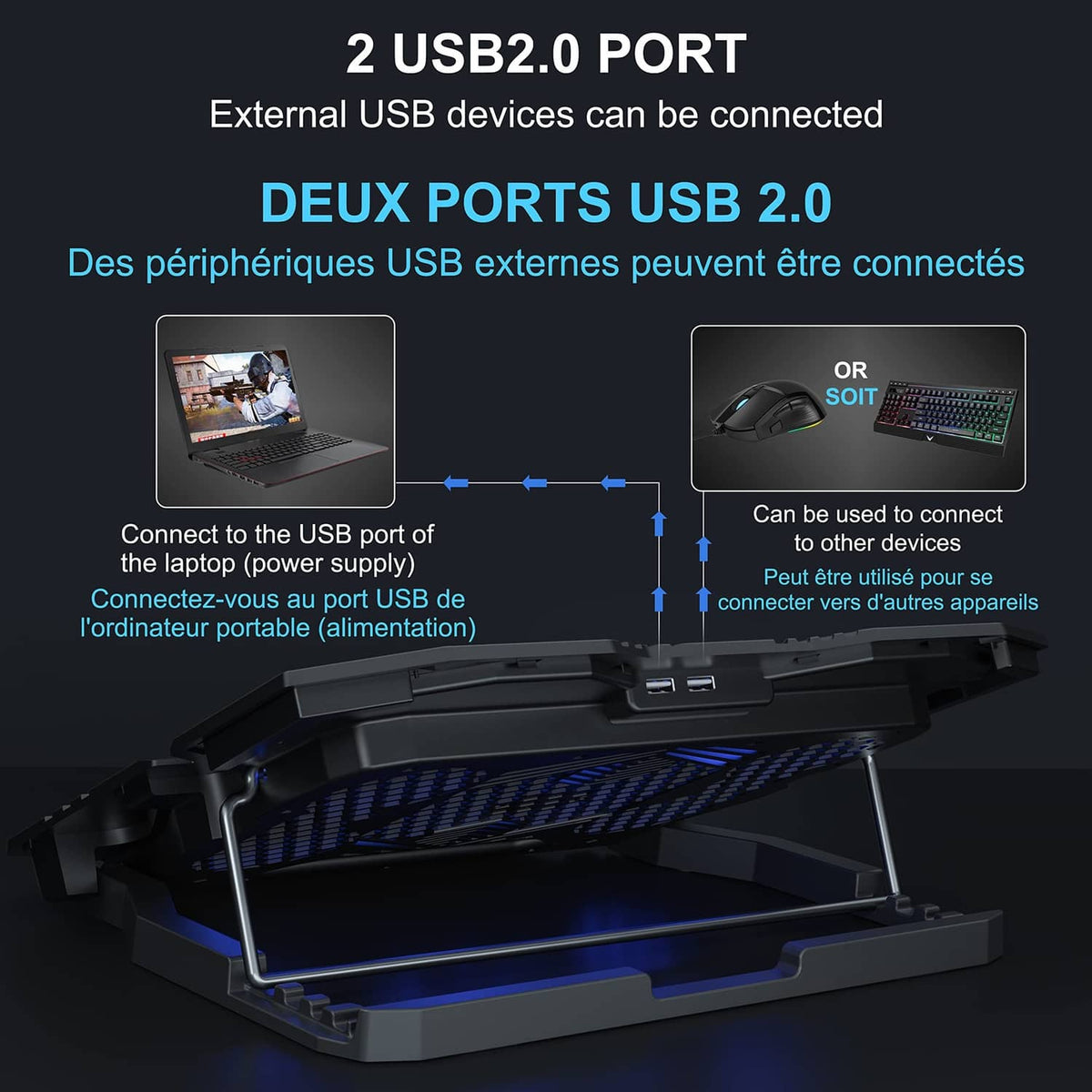 Laptop cooling pad showing USB 2.0 ports and fold-out metal support