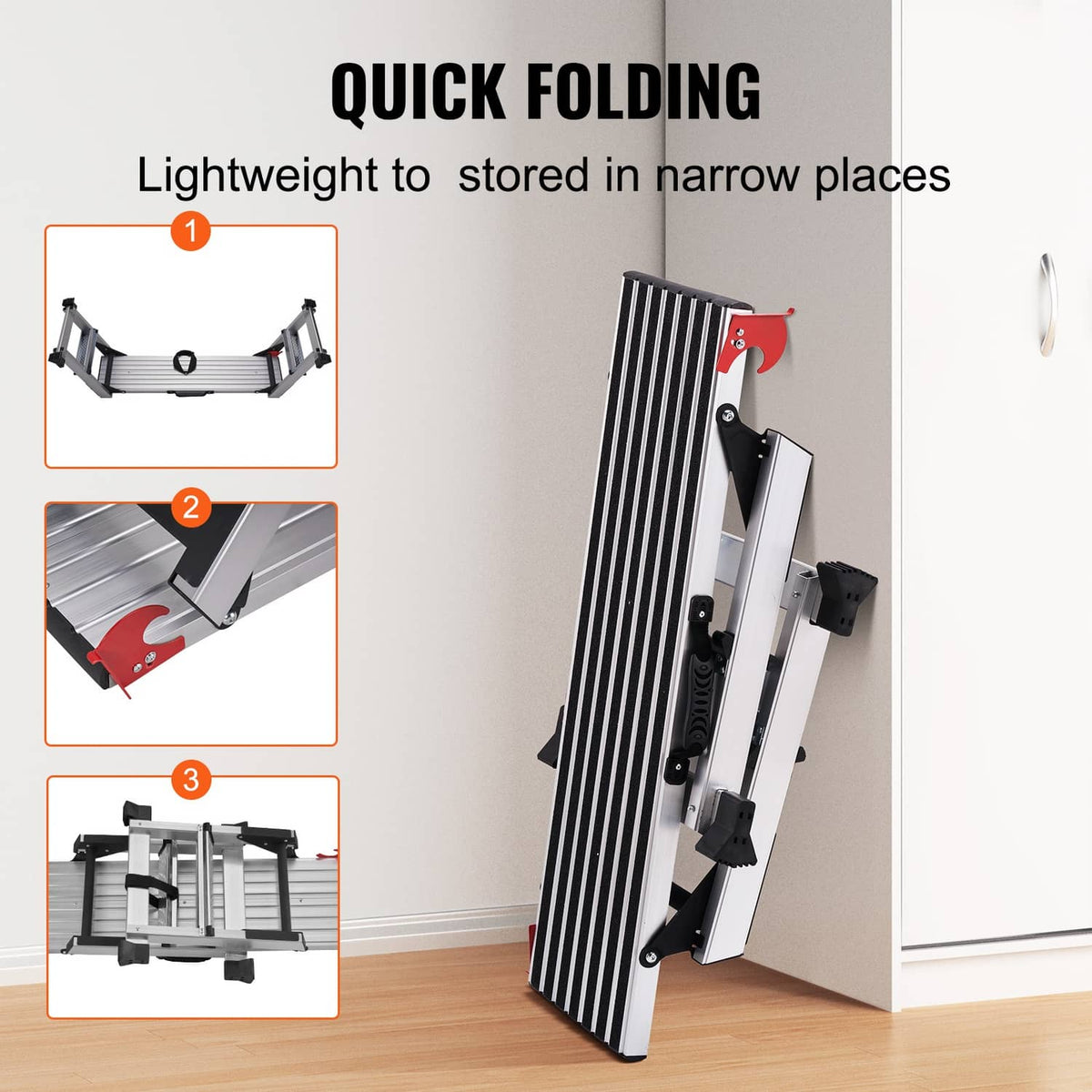 Aluminum folding work platform ladder folded compactly beside a wall