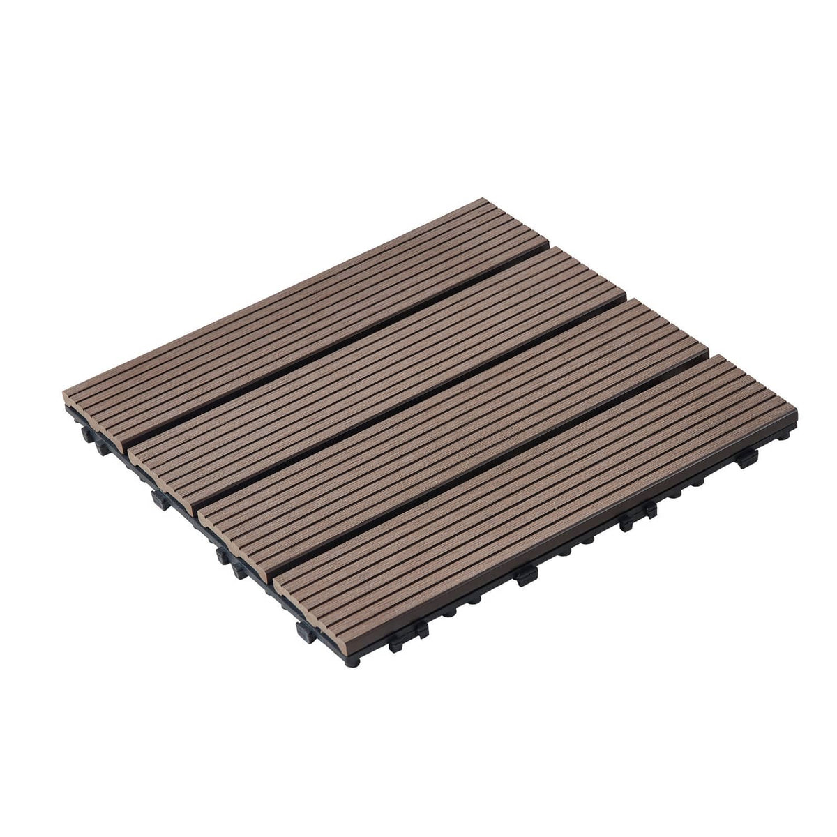 Interlocking deck tiles, wood-look brown plastic squares with raised grooves