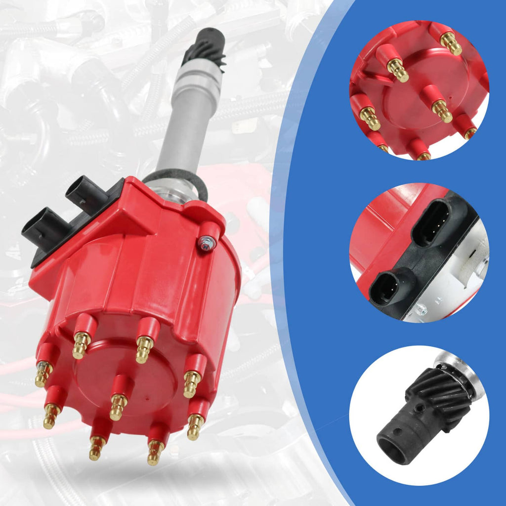 Red ignition distributor cap with brass terminals and two black connector ports