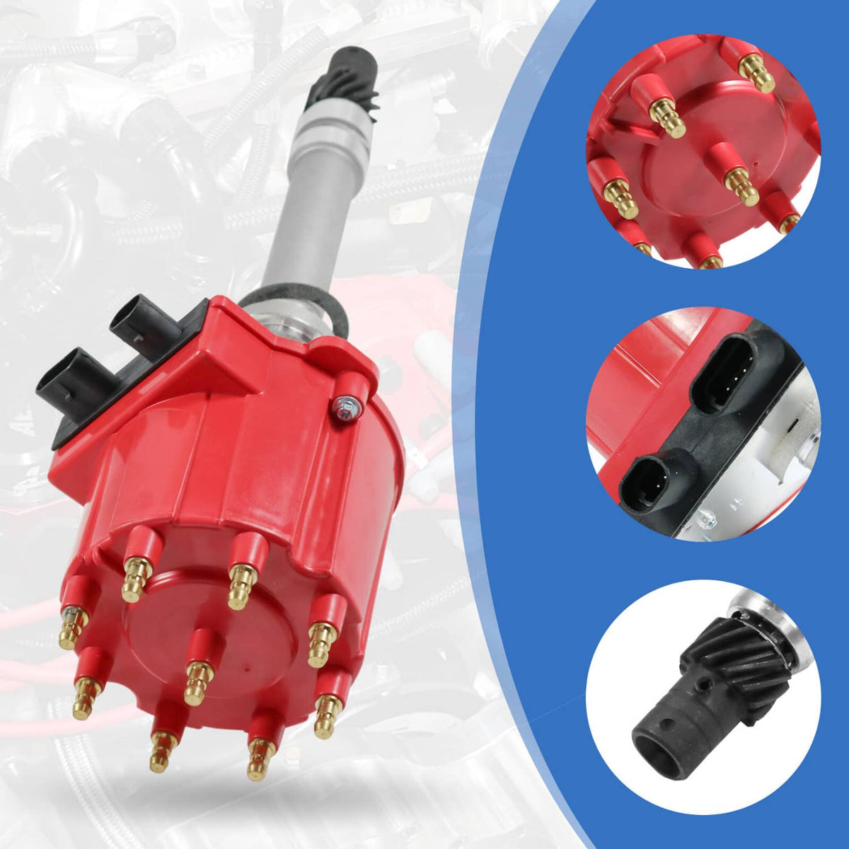 Red ignition distributor cap with brass terminals and two black connector ports