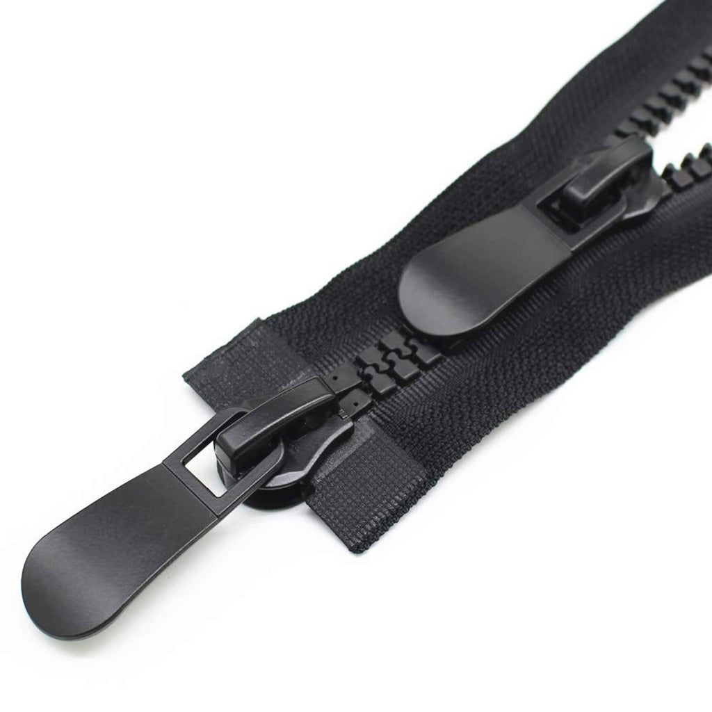 Black two-way separating plastic zipper, 30 in, dual sliders with teeth