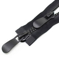 Black two-way separating plastic zipper, 30 in, dual sliders with teeth